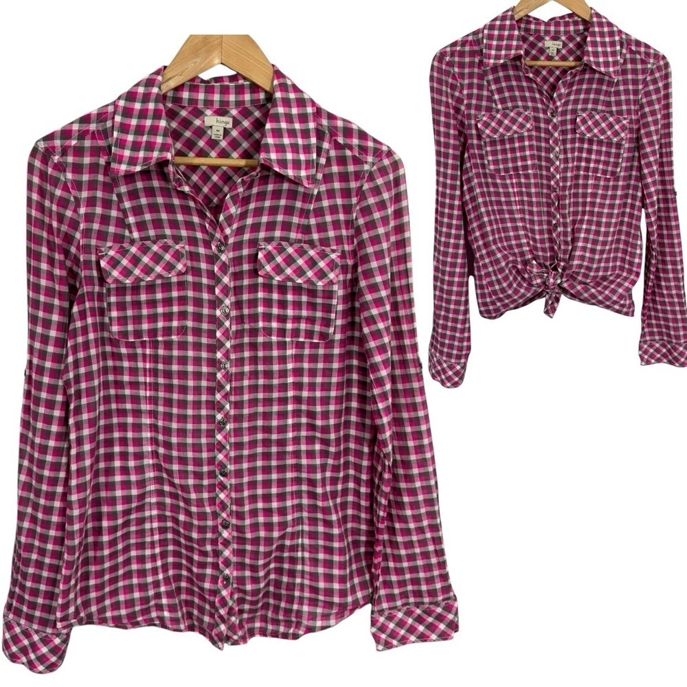 Hinge Gingham Plaid Button Up Shirt Womens M Pink Grey Check Cowgirl Top EUC